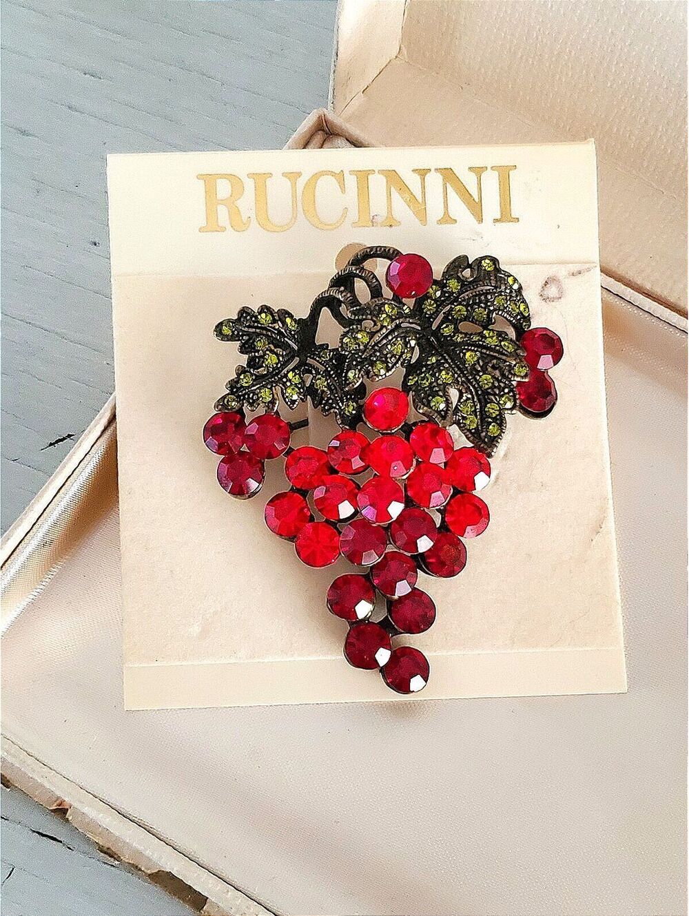 Vintage Rucinni Red Rhinestone Grape Cluster Brooch